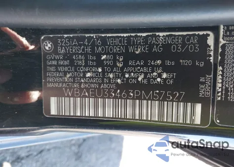 2003 BMW 325Xi из США, поврежденный, VIN WBAEU33463PM57527